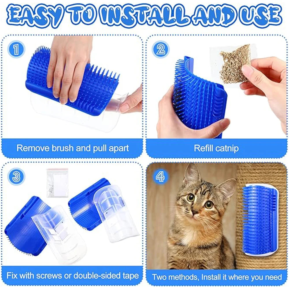 Cat Wall Corner Scratcher & Self-Groomer – Catnip Brush Massage Toy