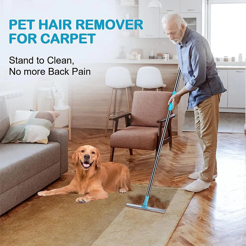 Pet Hair Remover Carpet Rake – Long Handle Rubber Bristle Broom for Dog & Cat Fur